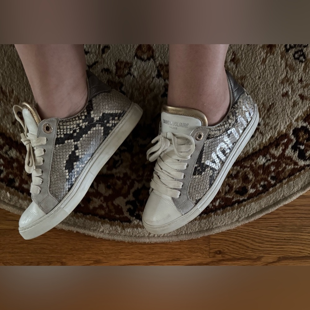 Zadig and Voltaire Vigna Leather Snakeskin Print Metallic Low Top Women Size 6 - Picture 3 of 16